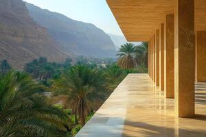 Modern architecture meeting nature in desert oasis with palm trees photo