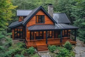 Modern a-frame cabin nestled in lush forest at dusk. photo