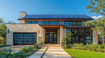 Modern sustainable home with solar panels generating green energy photo