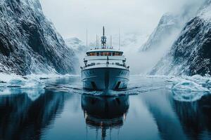 Expedition yacht sailing in norwegian fjord with snowy mountains photo
