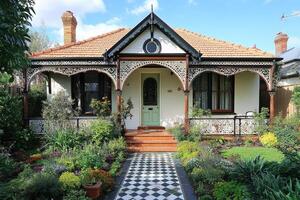 Charming victorian house with checkered pathway and lush garden photo