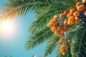 Bunch of fresh dates growing on date palm photo