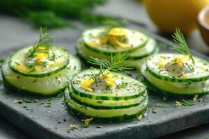 Cucumber appetizer bites with dill, yogurt photo