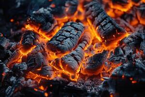 Smoldering embers glowing in the dark creating warmth and light photo