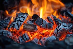 Burning charcoal embers glowing in flames creating warmth and light photo
