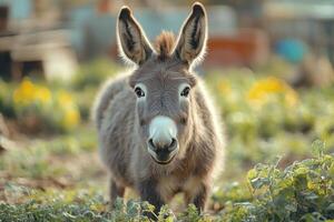 Donkey standing in the grass and looking forward photo