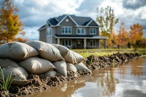 Sandbags protecting house from floodwaters in autumn photo