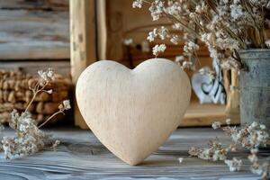 Wooden heart representing love and affection on rustic table photo