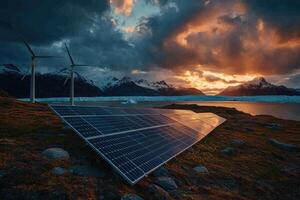 Solar panels and wind turbines generating clean energy at sunset in patagonia photo