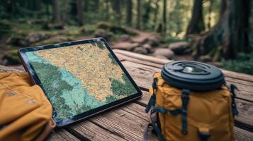 Backpack and tablet showing map on wooden table in forest photo