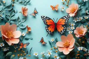 Monarch butterfly and paper flowers creating a spring scene photo