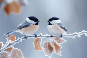 Two black-capped chickadees perching on a frost covered branch in winter photo