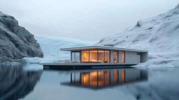 Modern house floating on a lake in a snowy mountain scenery reflecting on calm water photo
