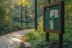 Information board showing hiking trails map in a peaceful forest path photo
