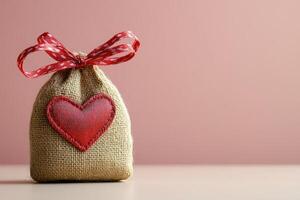 Small jute bag with red heart and ribbon celebrating valentine's day photo