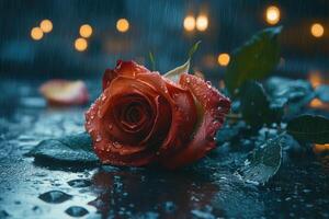 Red rose laying on wet dark surface under the rain with bokeh lights in background photo
