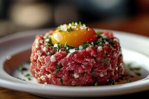 Steak tartare with raw egg yolk, salt and parsley resting on white plate photo