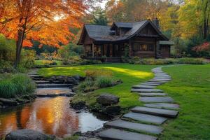 Log cabin setting sun illuminating forest stream at dusk in autumn. photo