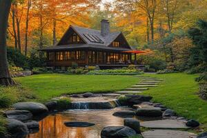 Cozy log cabin nestled in autumn forest with flowing stream at sunset. photo
