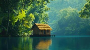 Wooden cabin reflecting in the serene river of a tropical rainforest. photo