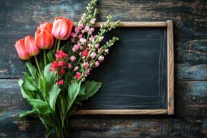 Colorful spring flowers lying next to empty chalkboard on rustic wooden table photo