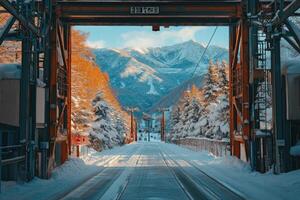 Snowy road leads to chairlift with mountain view in winter photo