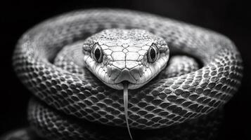 Coiled snake showing forked tongue in black and white photo