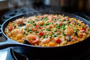 Steaming seafood paella cooking in cast iron skillet photo