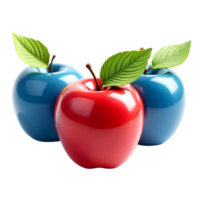 A 3D realistic a one red apple between two blue apples isolated on transparent background png