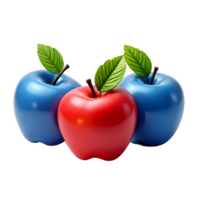3D Red Apple Standing Out Between Two Blue Apples on Transparent Background png