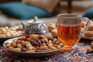 Enjoying hot tea with mixed nuts and dried fruits on ornate tablecloth photo