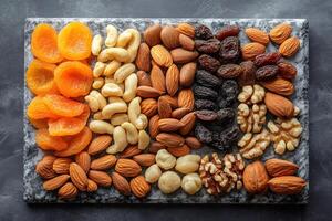 Various nuts and dried apricots forming a colorful and healthy snack on a marble surface photo