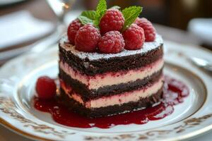 Delicious heart-shaped chocolate cake with raspberries and raspberry sauce on elegant plate photo