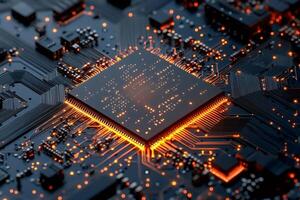 Modern cpu performing complex calculations with orange lights illuminating motherboard photo