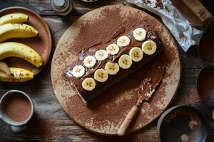 Chocolate banana roll cake with cocoa powder on rustic wooden table photo
