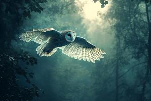 Majestic owl gliding through enchanted forest at twilight photo