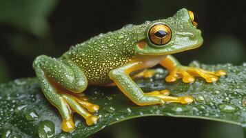 Frog sitting on a wet leaf in the rainforest photo
