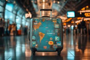 Suitcase covered with stickers showing world map stands in airport terminal photo