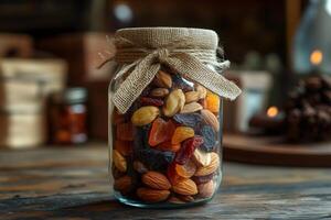 Glass jar filled with healthy nuts and dried fruits rests on rustic wooden table photo