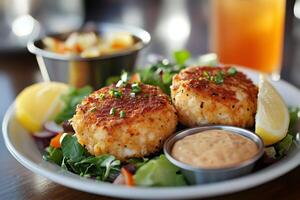 Delicious crab cakes served on bed of greens with dipping sauce and lemon photo
