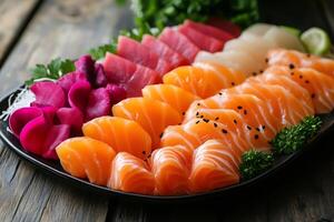 Delicious assorted sashimi platter with salmon, tuna, and white fish on rustic table photo