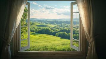 Open window overlooking a beautiful green landscape with trees and hills photo