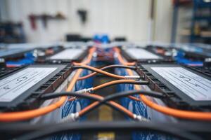 Close-up of orange and black cables connecting lithium-ion batteries in a factory photo