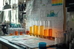 Scientist analyzing test tubes with orange liquid in laboratory with charts displayed on board photo