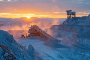 Mining operations working at sunset in an open pit mine photo