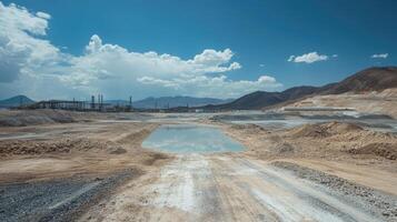Lithium evaporation ponds reflecting the sky in a mining site photo