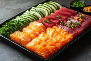 Fresh sashimi platter featuring tuna and salmon with cucumber and garnish photo