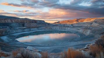 Open pit mine reflecting sunset clouds in turquoise water photo