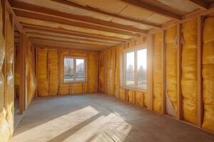 Wooden frame house with mineral wool insulation and sunlight entering through windows photo