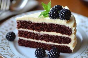 Delicious chocolate cake with cream and blackberries showing layers photo